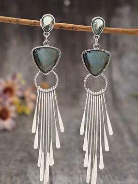 Silver Fringe Dangle Earrings Green Stone Boho Statement Drop Earrings